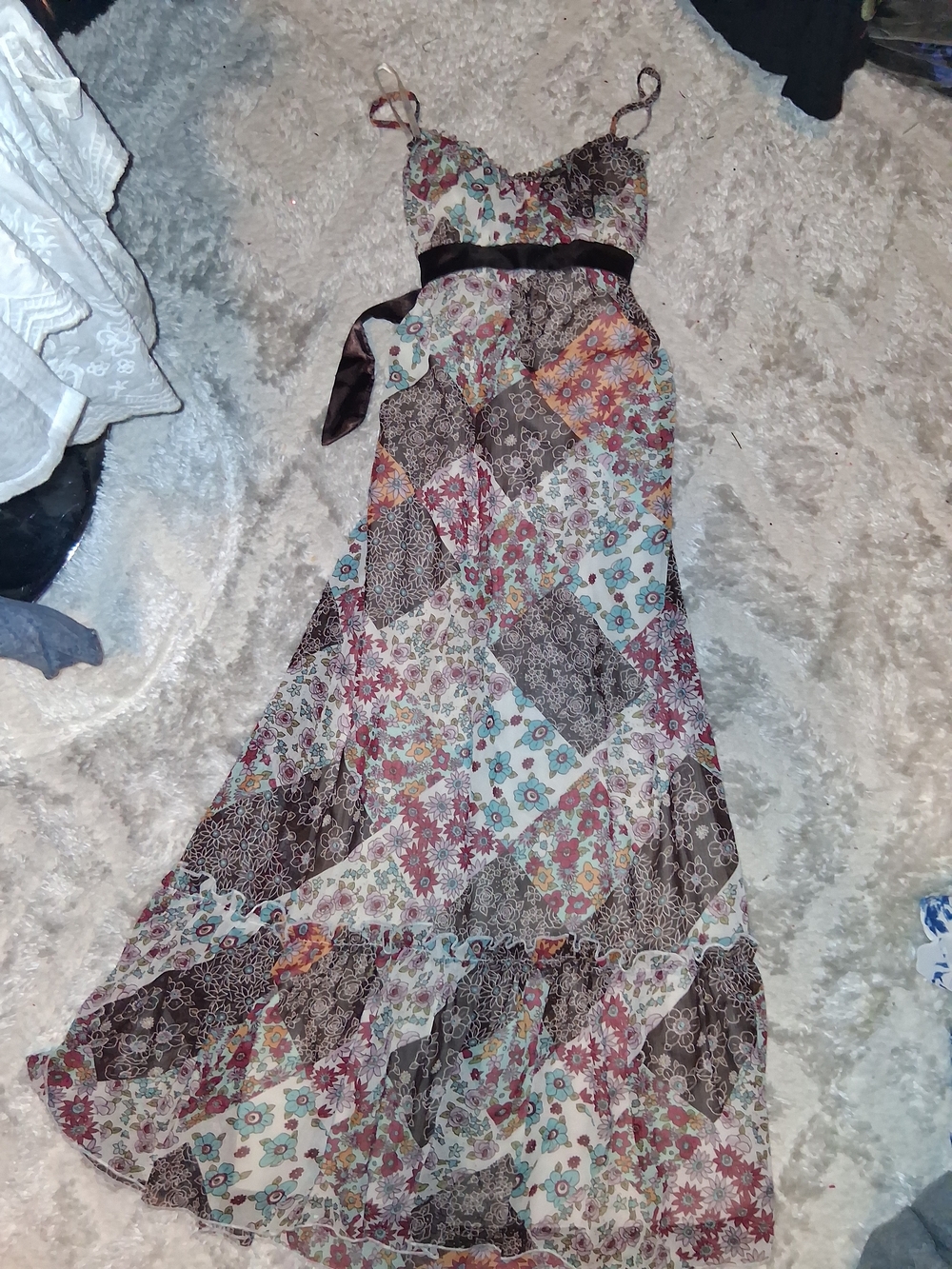 Alyn Paige Patchwork Floral Maxi Dress with Brown Waist Tie